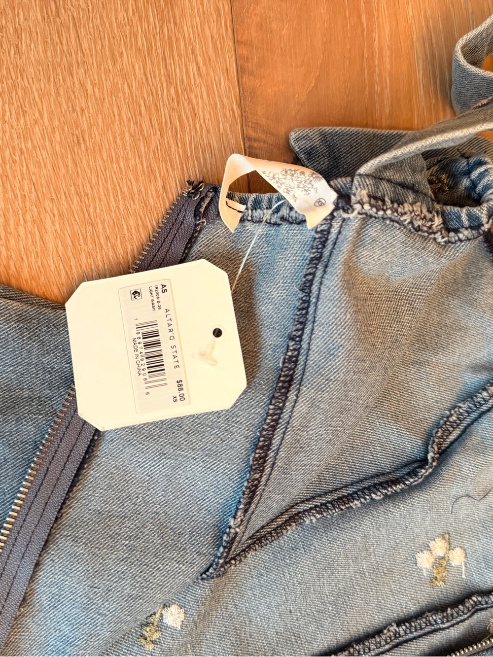 Altard State Light Blue Embroidered Denim Tie-Shoulder romper - Picture 3 of 5